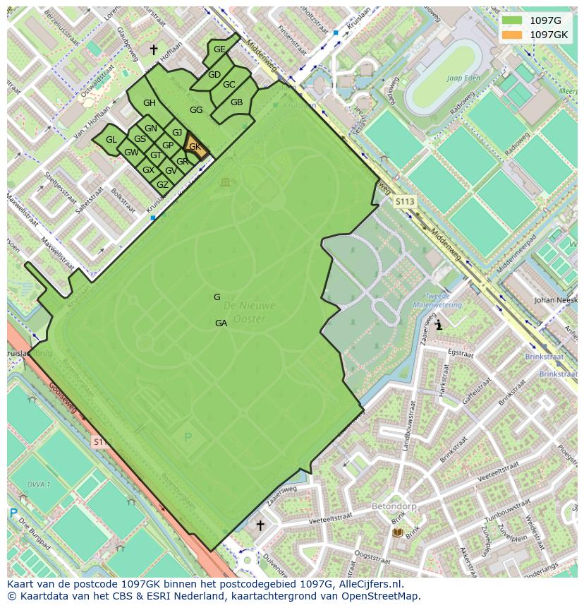 Afbeelding van het postcodegebied 1097 GK op de kaart.