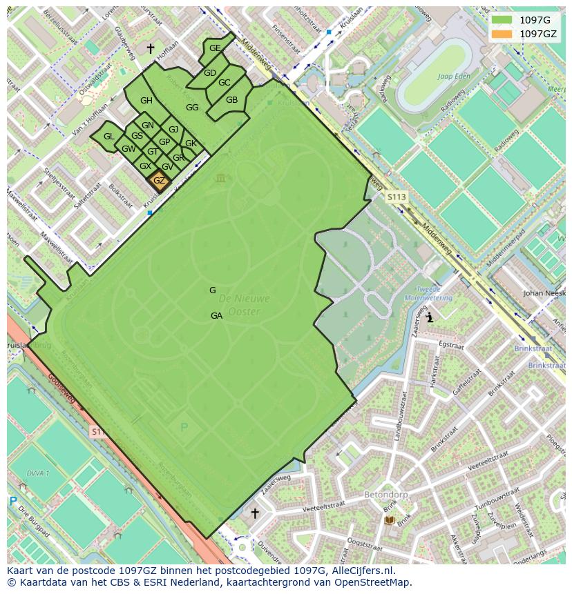 Afbeelding van het postcodegebied 1097 GZ op de kaart.