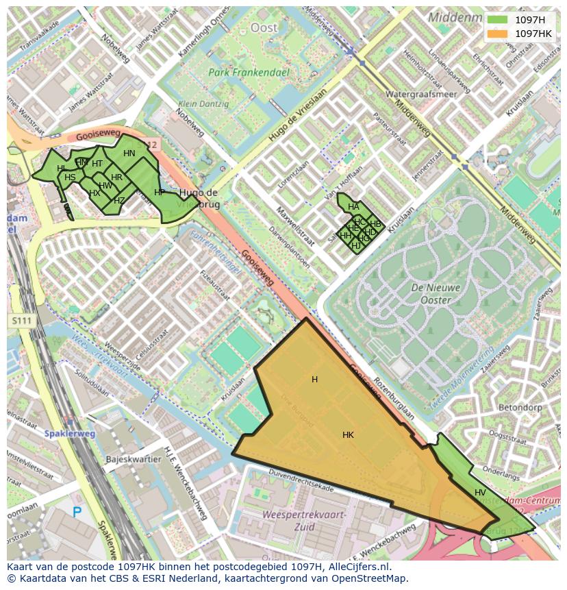 Afbeelding van het postcodegebied 1097 HK op de kaart.