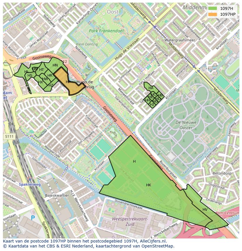 Afbeelding van het postcodegebied 1097 HP op de kaart.