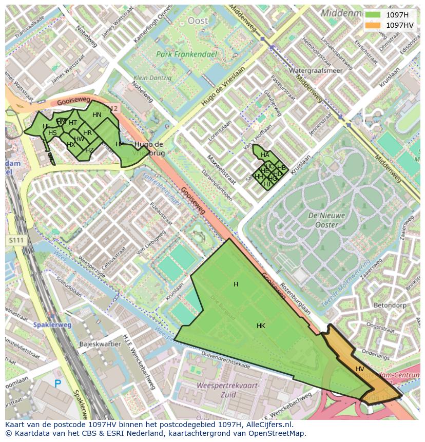Afbeelding van het postcodegebied 1097 HV op de kaart.