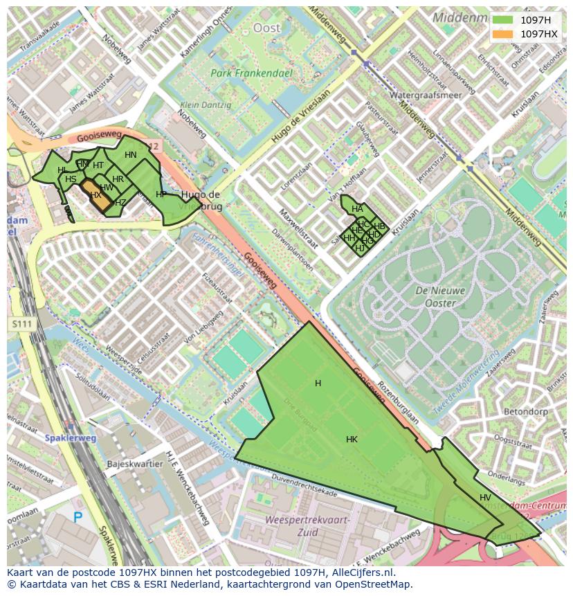 Afbeelding van het postcodegebied 1097 HX op de kaart.
