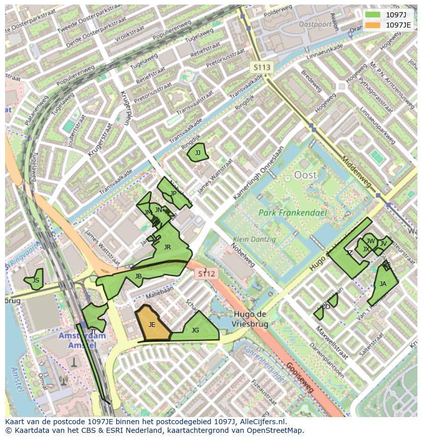 Afbeelding van het postcodegebied 1097 JE op de kaart.