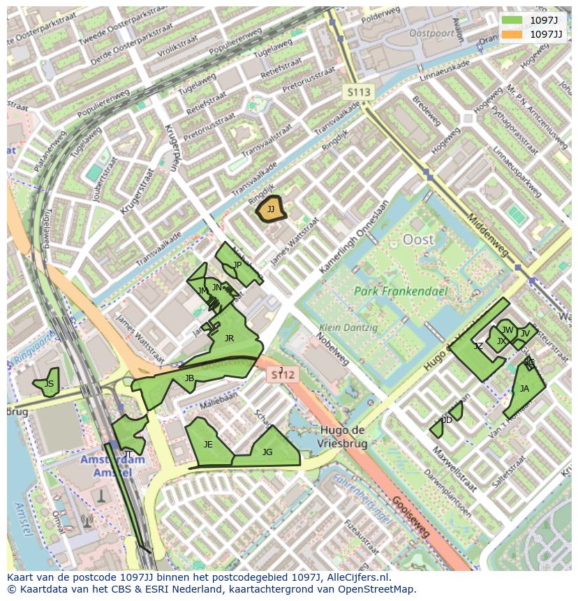 Afbeelding van het postcodegebied 1097 JJ op de kaart.