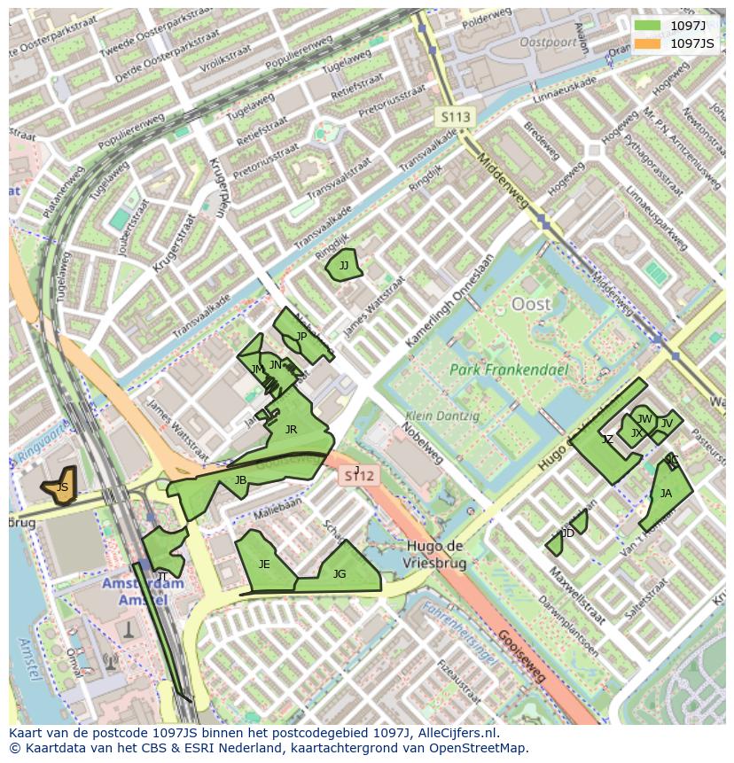 Afbeelding van het postcodegebied 1097 JS op de kaart.