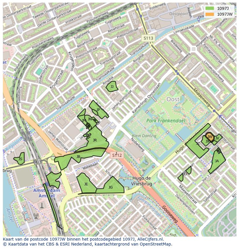 Afbeelding van het postcodegebied 1097 JW op de kaart.