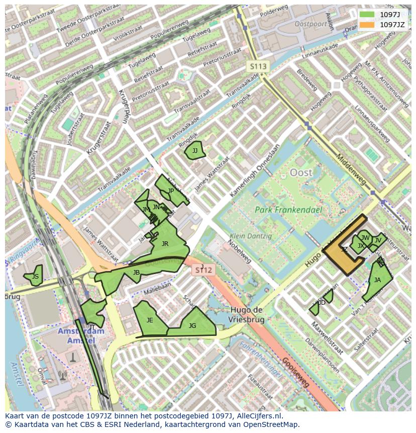 Afbeelding van het postcodegebied 1097 JZ op de kaart.