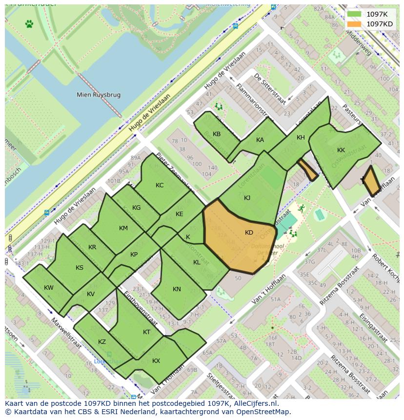 Afbeelding van het postcodegebied 1097 KD op de kaart.