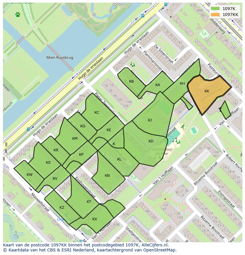 Afbeelding van het postcodegebied 1097 KK op de kaart.