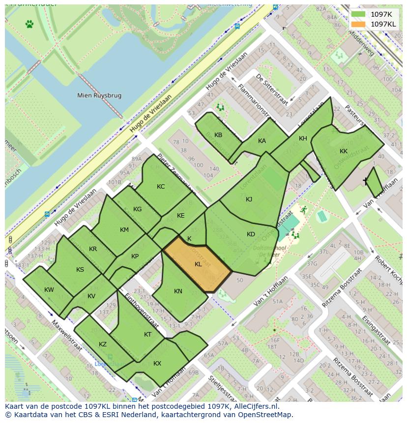 Afbeelding van het postcodegebied 1097 KL op de kaart.