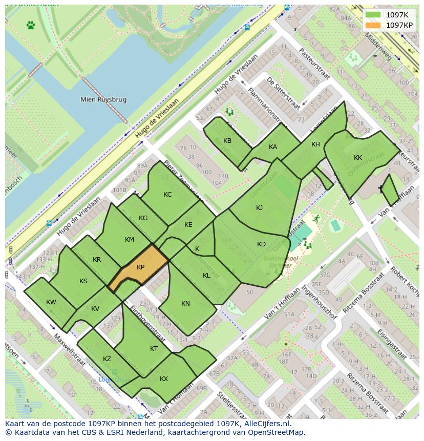 Afbeelding van het postcodegebied 1097 KP op de kaart.