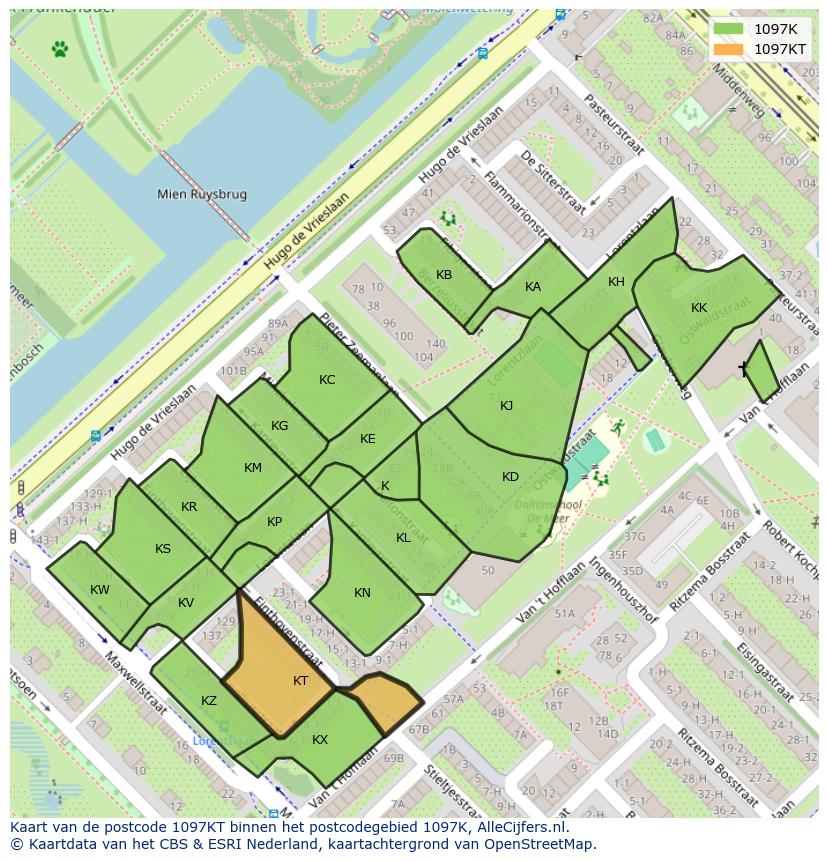 Afbeelding van het postcodegebied 1097 KT op de kaart.