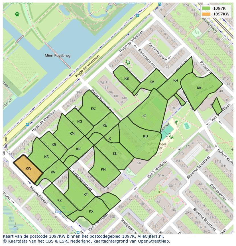 Afbeelding van het postcodegebied 1097 KW op de kaart.
