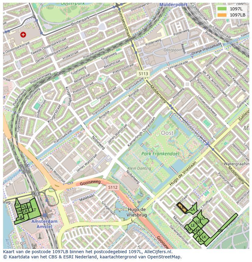 Afbeelding van het postcodegebied 1097 LB op de kaart.