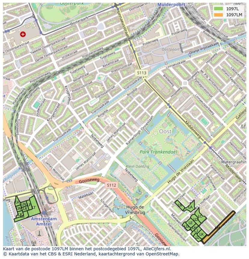 Afbeelding van het postcodegebied 1097 LM op de kaart.