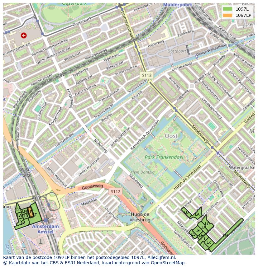 Afbeelding van het postcodegebied 1097 LP op de kaart.