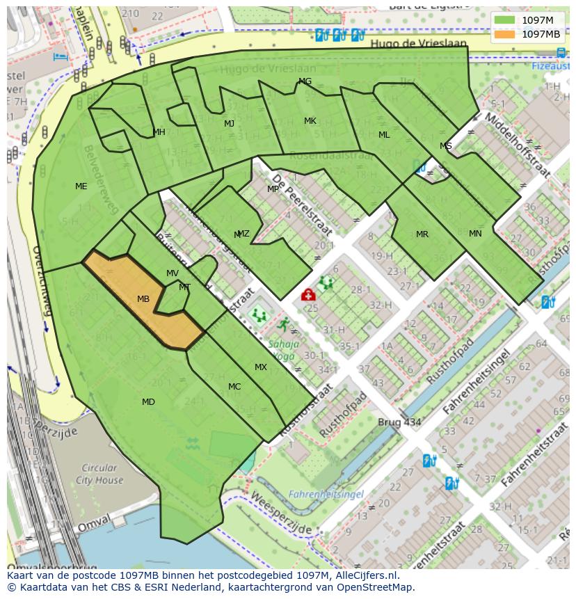 Afbeelding van het postcodegebied 1097 MB op de kaart.
