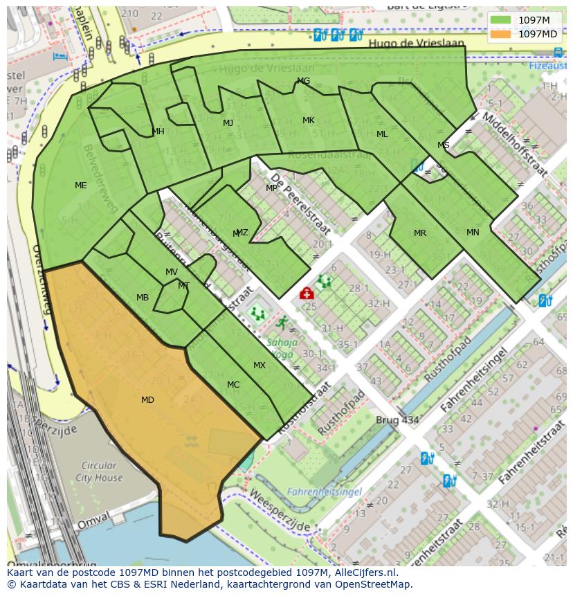 Afbeelding van het postcodegebied 1097 MD op de kaart.