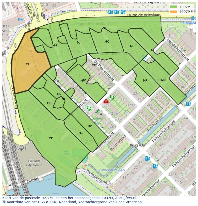 Afbeelding van het postcodegebied 1097 ME op de kaart.