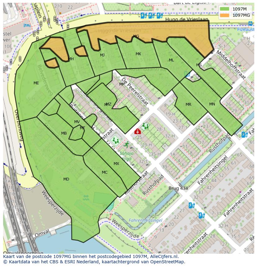 Afbeelding van het postcodegebied 1097 MG op de kaart.