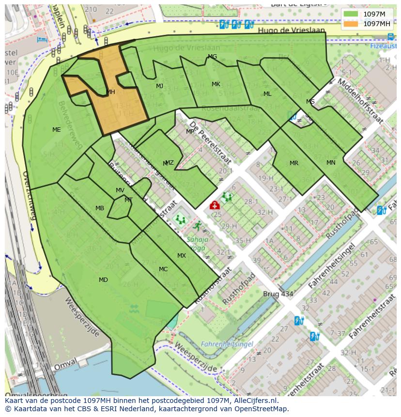 Afbeelding van het postcodegebied 1097 MH op de kaart.