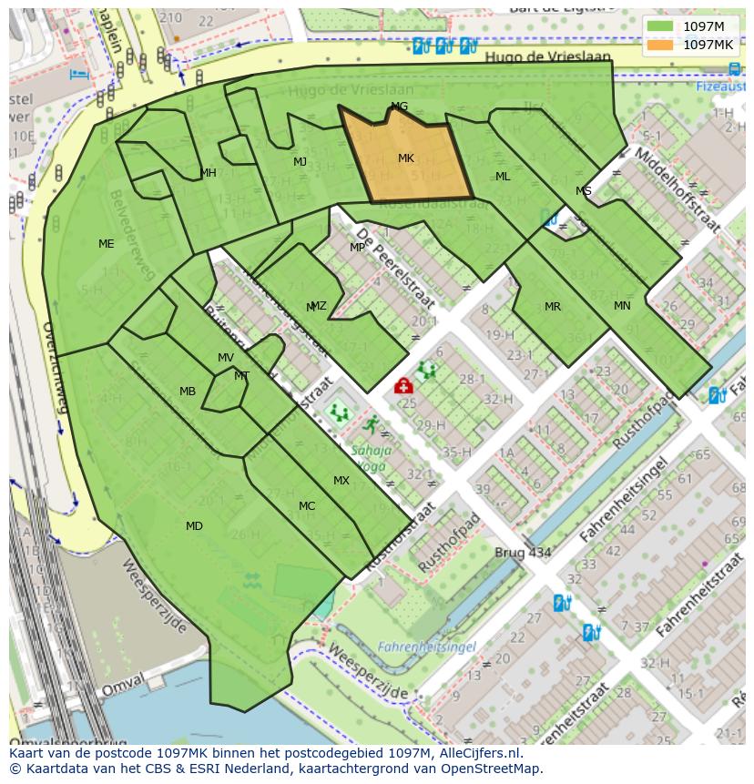 Afbeelding van het postcodegebied 1097 MK op de kaart.