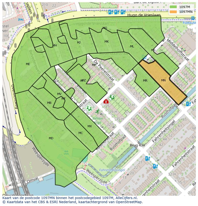Afbeelding van het postcodegebied 1097 MN op de kaart.