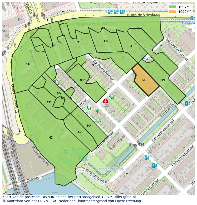 Afbeelding van het postcodegebied 1097 MR op de kaart.