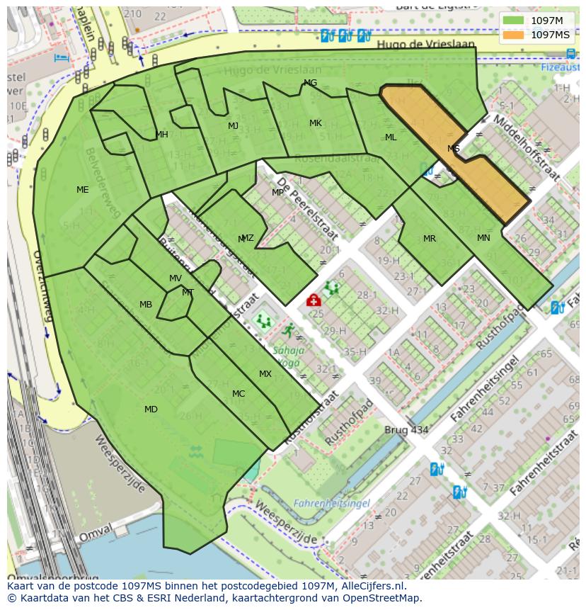 Afbeelding van het postcodegebied 1097 MS op de kaart.