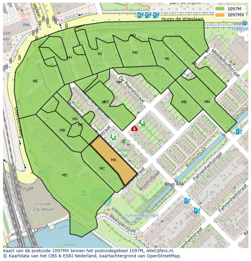 Afbeelding van het postcodegebied 1097 MX op de kaart.
