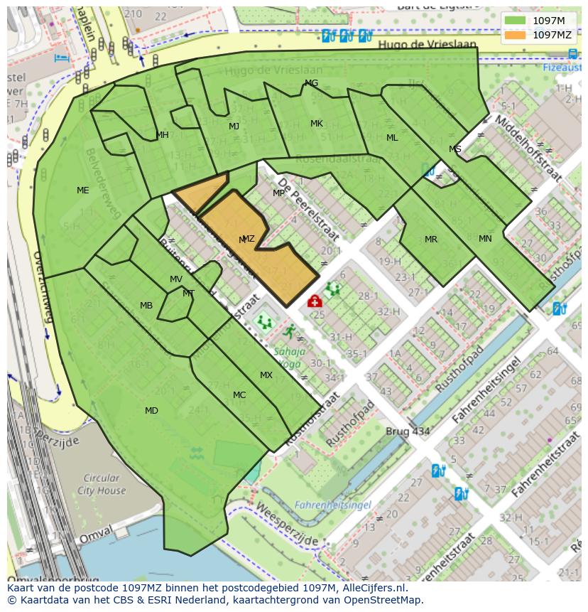 Afbeelding van het postcodegebied 1097 MZ op de kaart.