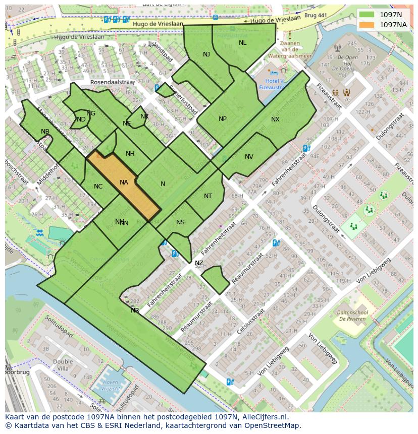 Afbeelding van het postcodegebied 1097 NA op de kaart.