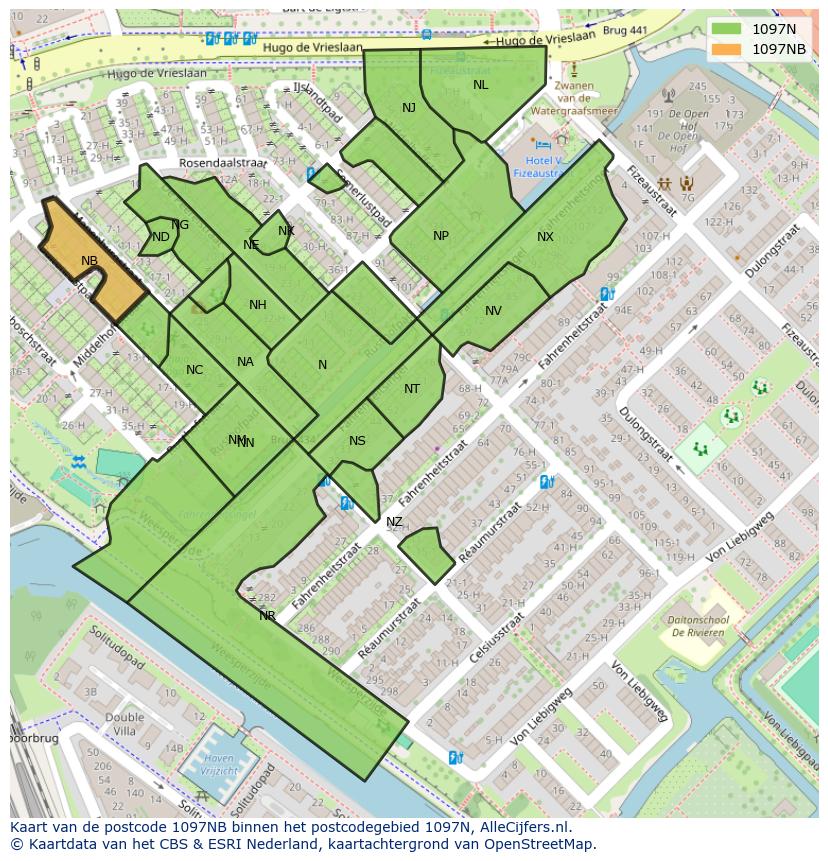 Afbeelding van het postcodegebied 1097 NB op de kaart.