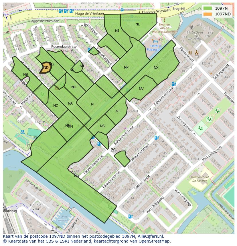 Afbeelding van het postcodegebied 1097 ND op de kaart.