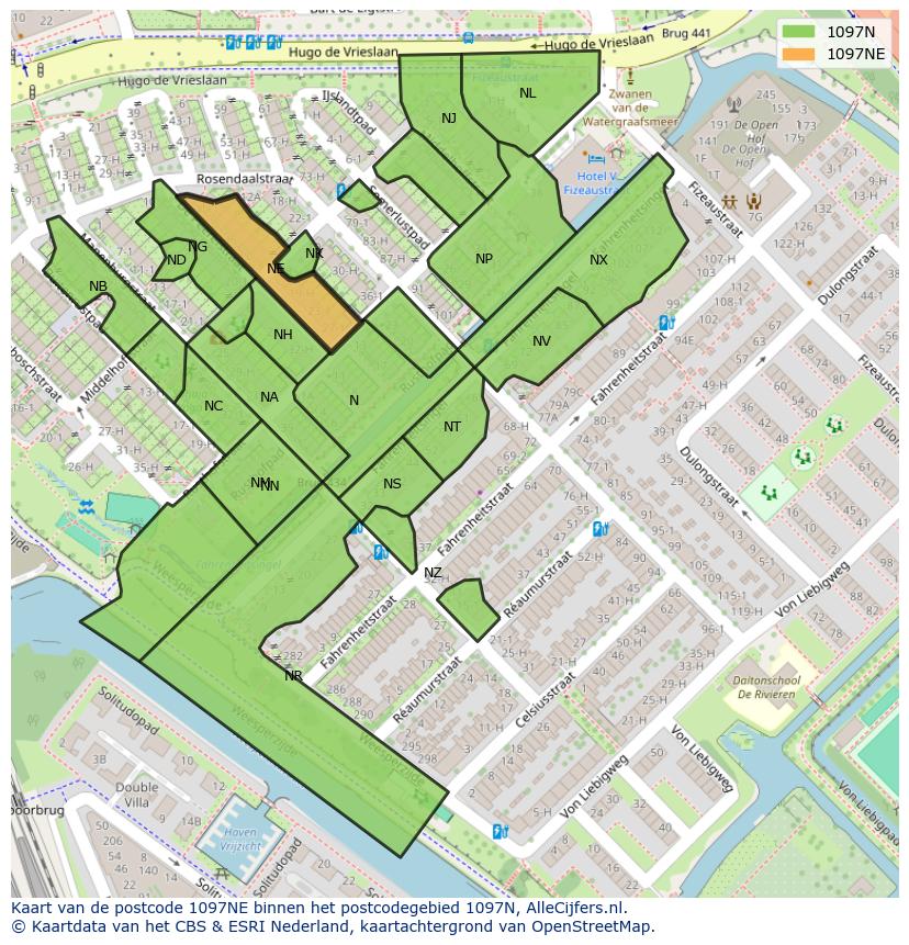 Afbeelding van het postcodegebied 1097 NE op de kaart.