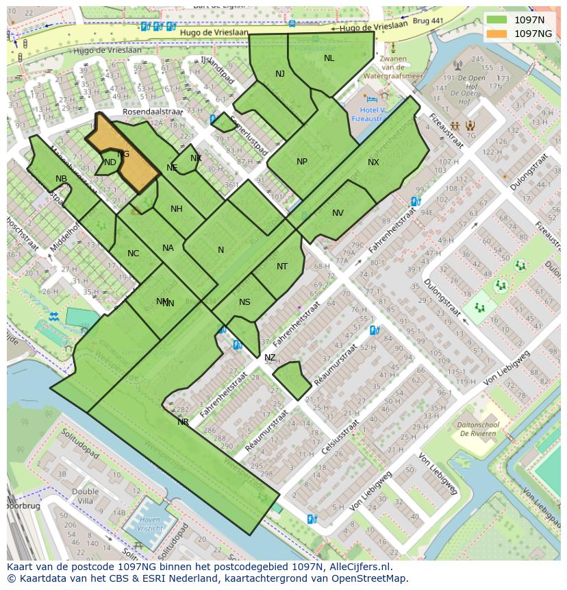 Afbeelding van het postcodegebied 1097 NG op de kaart.