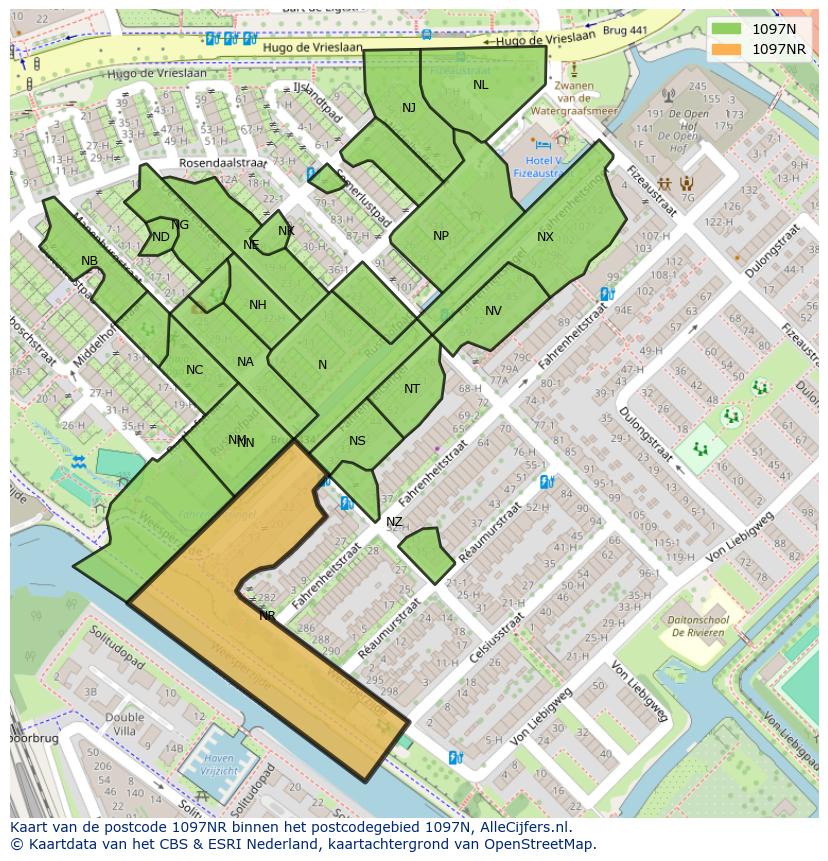 Afbeelding van het postcodegebied 1097 NR op de kaart.