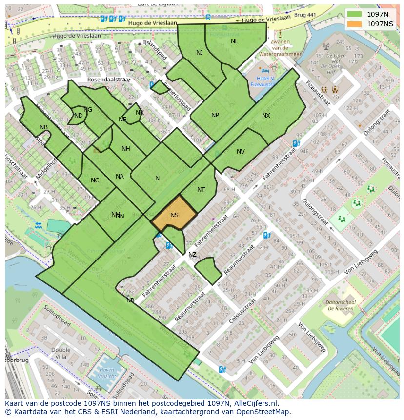 Afbeelding van het postcodegebied 1097 NS op de kaart.