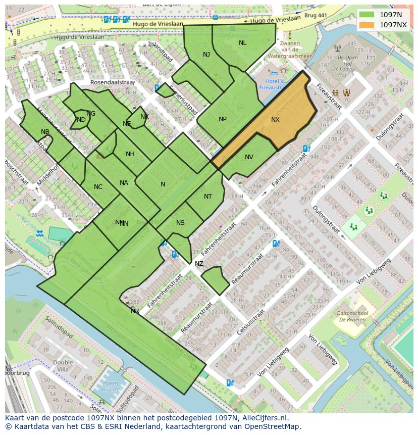 Afbeelding van het postcodegebied 1097 NX op de kaart.