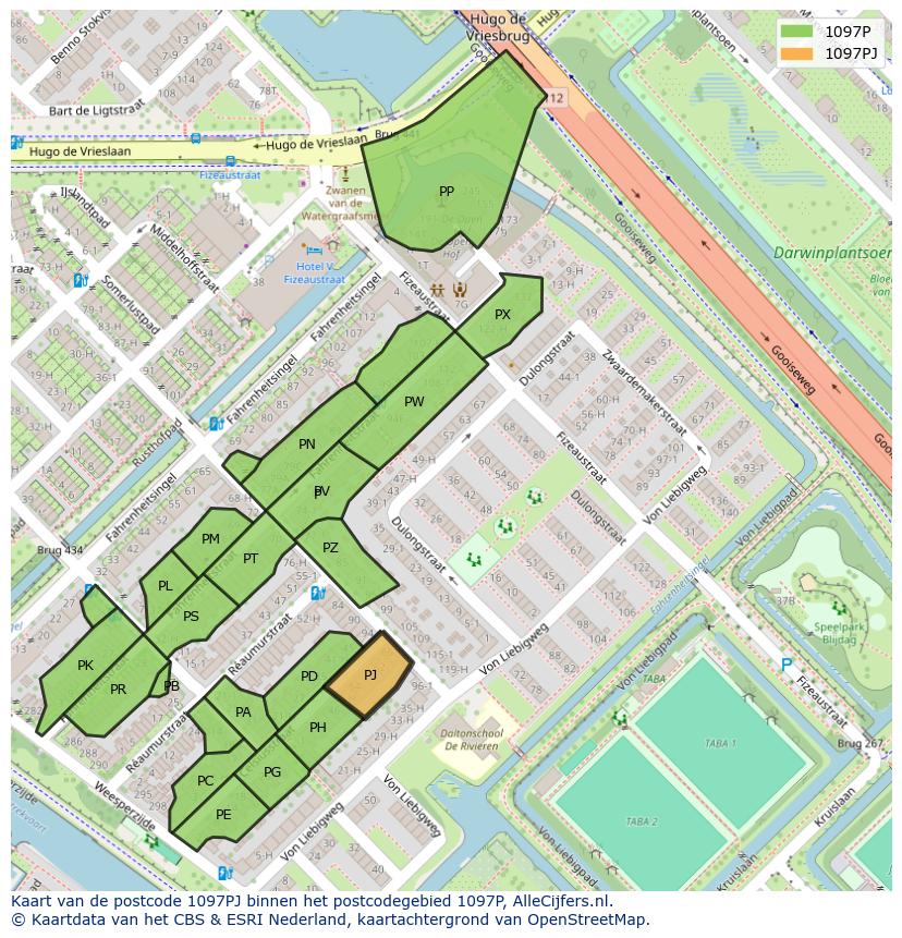 Afbeelding van het postcodegebied 1097 PJ op de kaart.