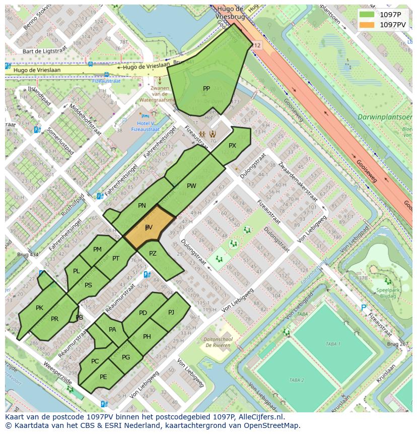Afbeelding van het postcodegebied 1097 PV op de kaart.