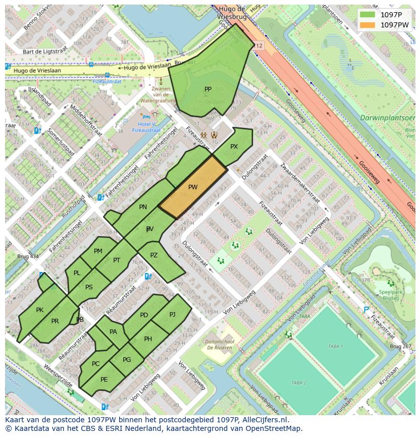 Afbeelding van het postcodegebied 1097 PW op de kaart.