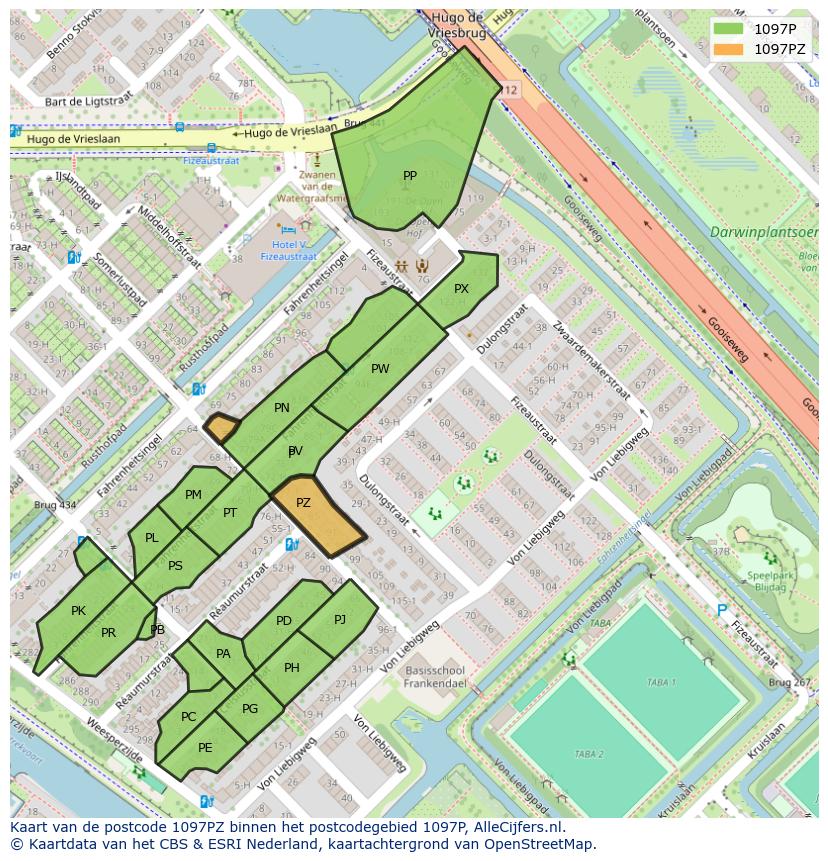 Afbeelding van het postcodegebied 1097 PZ op de kaart.