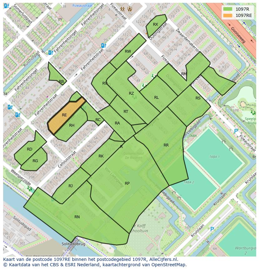 Afbeelding van het postcodegebied 1097 RE op de kaart.