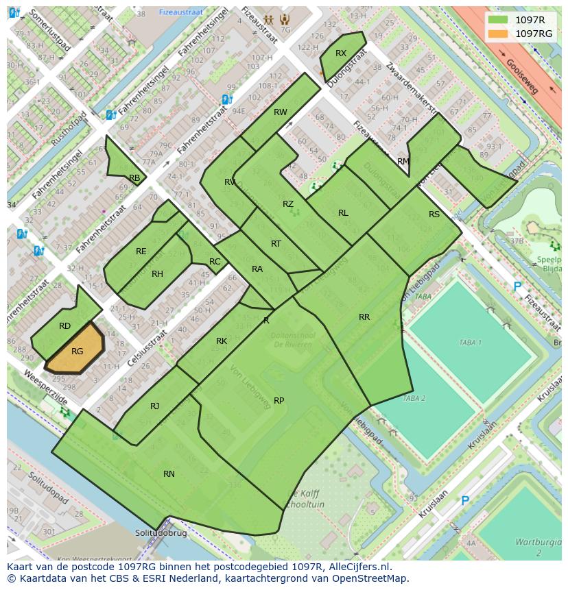 Afbeelding van het postcodegebied 1097 RG op de kaart.