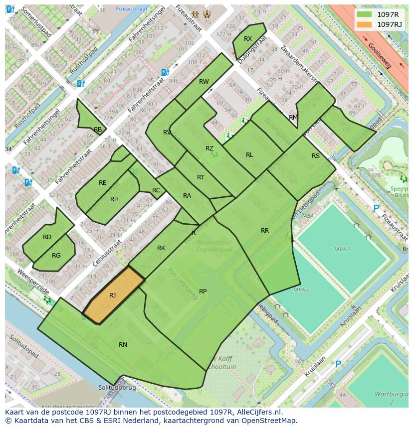 Afbeelding van het postcodegebied 1097 RJ op de kaart.