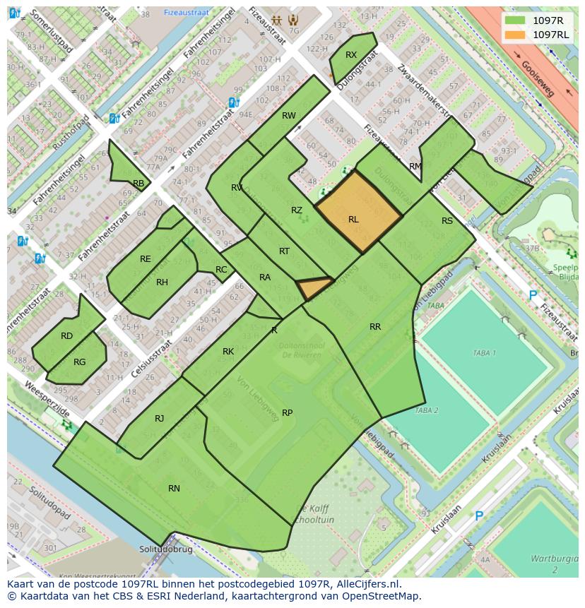 Afbeelding van het postcodegebied 1097 RL op de kaart.
