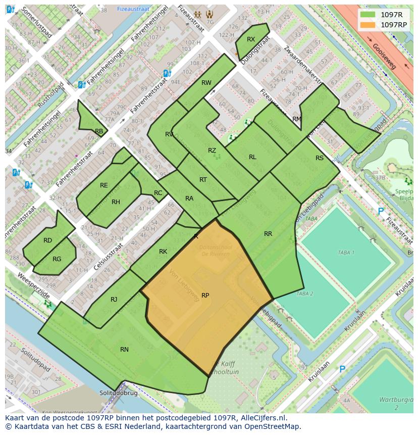 Afbeelding van het postcodegebied 1097 RP op de kaart.