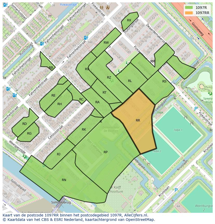 Afbeelding van het postcodegebied 1097 RR op de kaart.