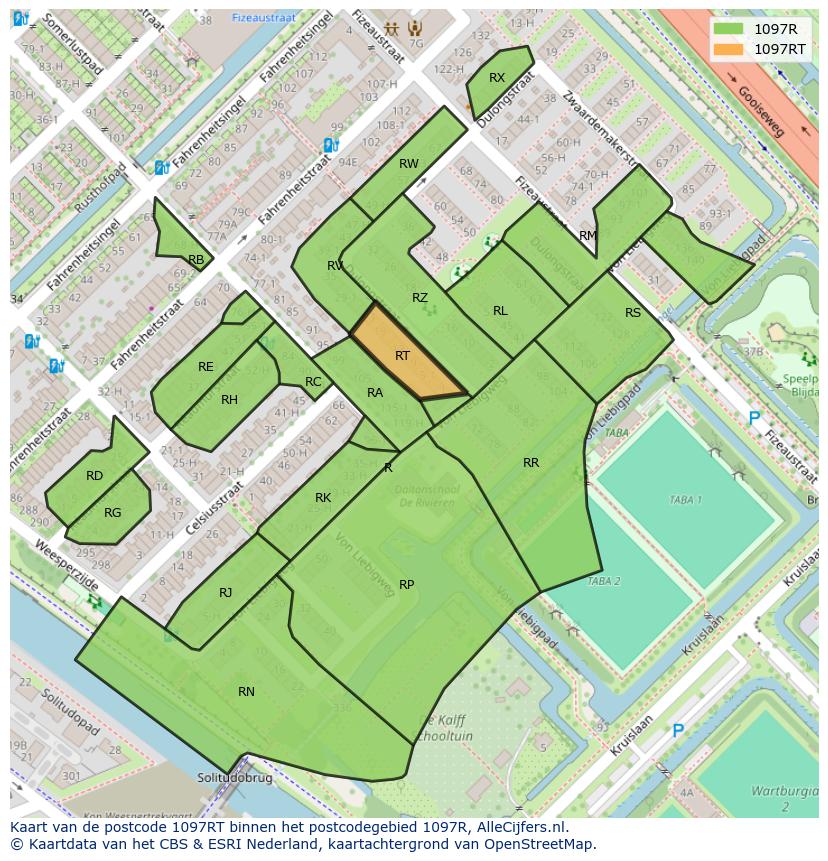 Afbeelding van het postcodegebied 1097 RT op de kaart.